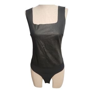 Commando, Faux Leather Black Sleeveless Bodysuit, Size Medium